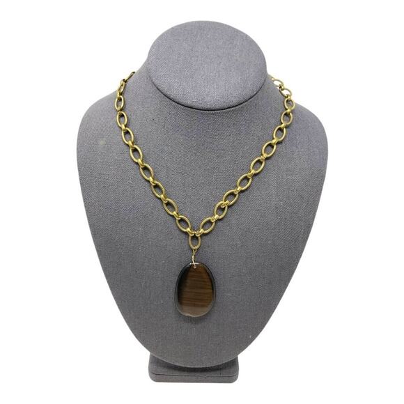 Vintage Tigers Eye Stone Pendant Gold Tone Chain Necklace - Picture 1 of 5
